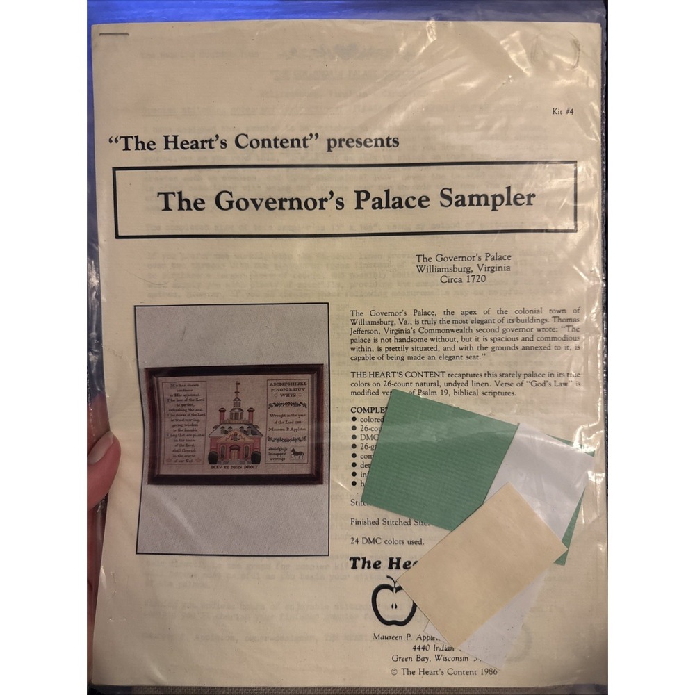 The Heart's Content THE GOVERNOR'S PALACE SAMPLER Cross Stitch Kit NEW
